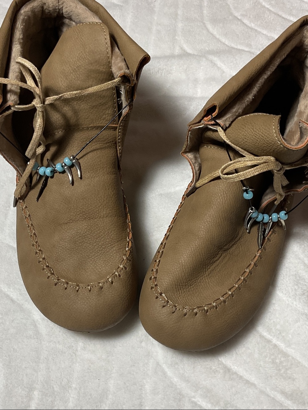 Women's Tan Moccasin Boots with Turquoise Bead Accent
